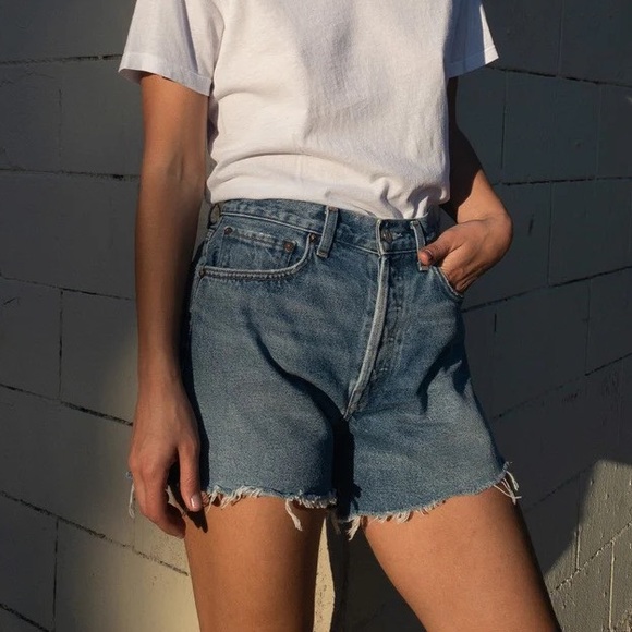 Agolde Pants - Agolde Parker Long Shorts in Skywave Medium Blue Wash Distressed Denim Shorts